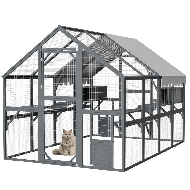 Extra Spacious Catio Outdoor Cat Haven, 110 Inch Luxury Cattery With Weather-Resistant Roof, Cat Climbing Ramp, Space Pod Bed, 2 Lounging Huts