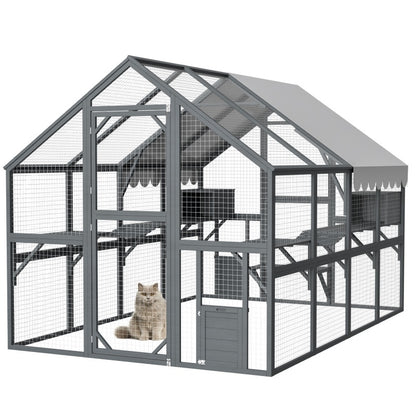 Extra Spacious Catio Outdoor Cat Haven, 110 Inch Luxury Cattery With Weather-Resistant Roof, Cat Climbing Ramp, Space Pod Bed, 2 Lounging Huts