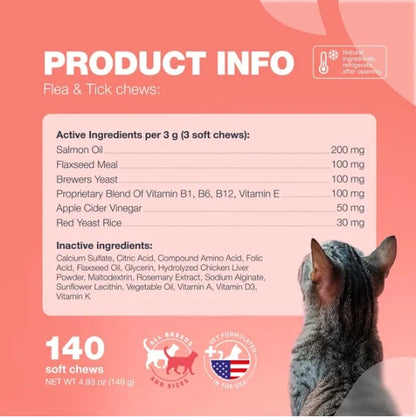 Flea Support Chews For Cats Salmon Flavor Flea And Tick Supplement For Cats Daily Oral Cat Flea And Tick Treatment Chews Soft Treats For All Breeds & Ages