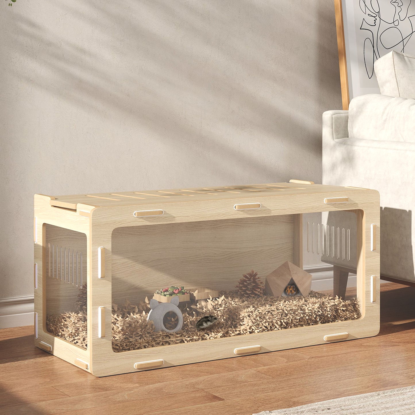 Hamster Cage With Easy View Acrylic Panels, Air Vents & Openable Roof, For Gerbil, Guinea Pig, 39 X 20 X 18.5, Oak