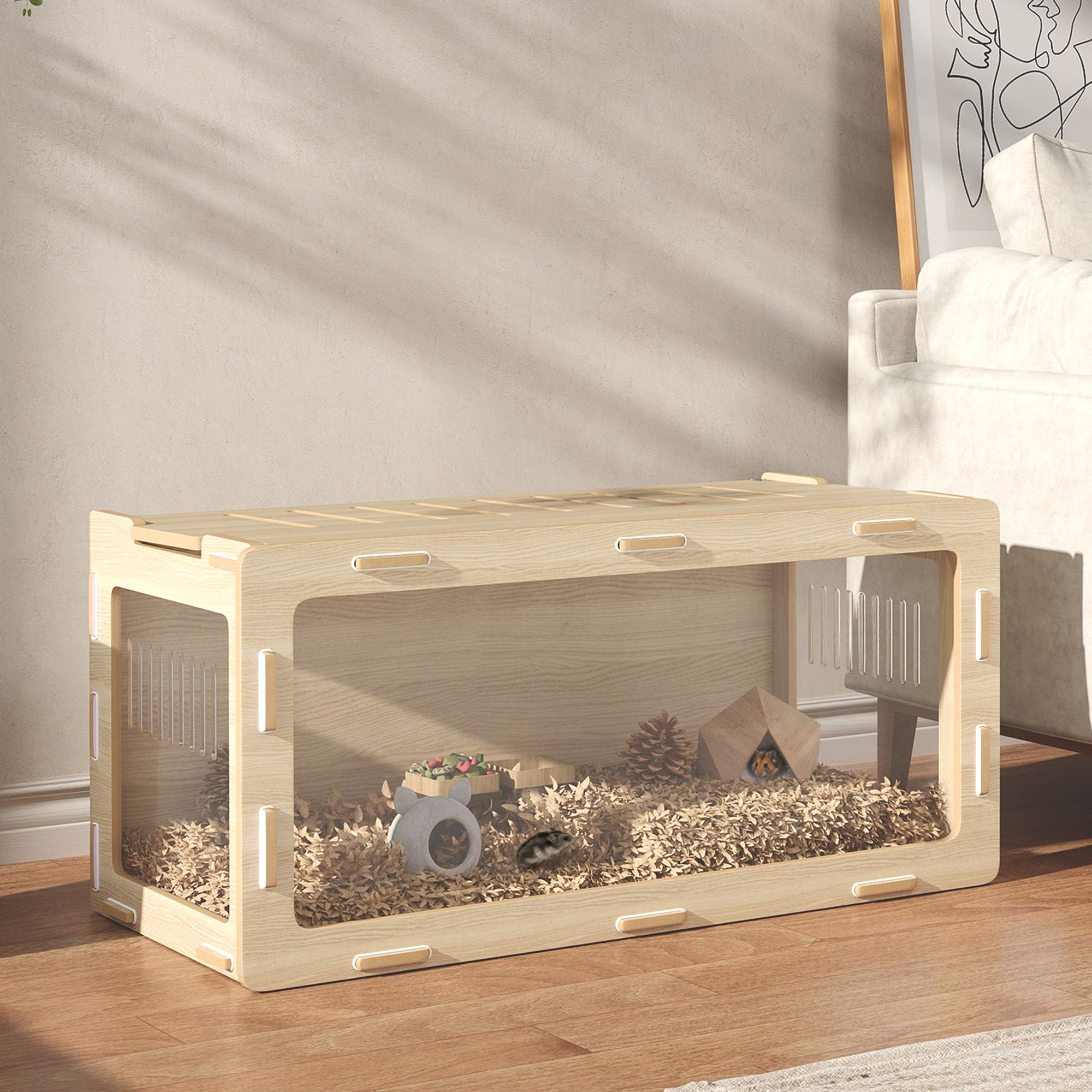 Hamster Cage With Easy View Acrylic Panels, Air Vents & Openable Roof, For Gerbil, Guinea Pig, 39 X 20 X 18.5, Oak