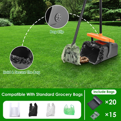 1Set Pooper Scooper Kit Dog Poop Rake & Swiveling Bin Poop Heavy Duty Pick Up Tool With Extra Long Handle 35 Waste Bags Dispenser