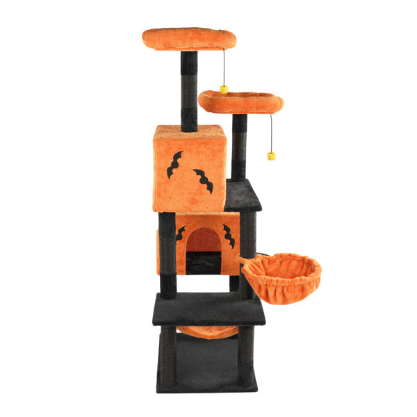 Halloween Cat Tree, Large Cat Tower With 2 Spacious Cat Condos, 2 Padded Perches, 2 Hammocks, Scratching Posts, Hanging Toy, Multi-Level Cat Activities Furniture For Large Cats, Orange & Black