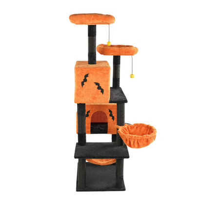 Halloween Cat Tree, Large Cat Tower With 2 Spacious Cat Condos, 2 Padded Perches, 2 Hammocks, Scratching Posts, Hanging Toy, Multi-Level Cat Activities Furniture For Large Cats, Orange & Black