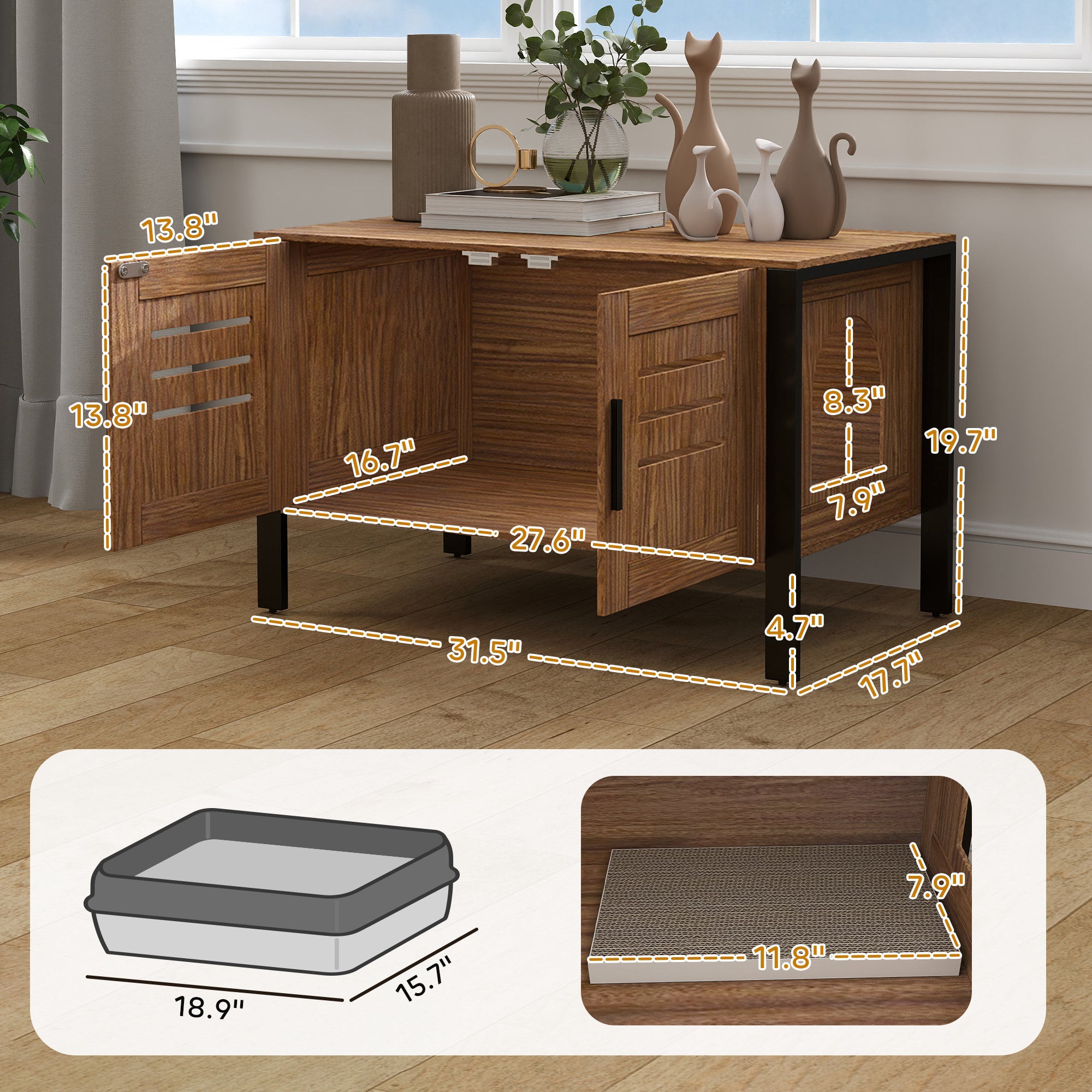 Cat Litter Box Enclosure With Tall Legs, Scratching Board, Dark Brown, 31.5L X 17.7W X 19.7H