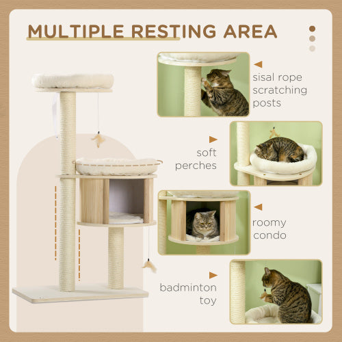 PawHut 3 Level Cat Tree With Sisal Scratching Posts  Cat Badminton Toy For Playing  Soft Cushions  Play Areas