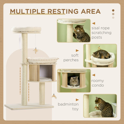 PawHut 3 Level Cat Tree With Sisal Scratching Posts  Cat Badminton Toy For Playing  Soft Cushions  Play Areas