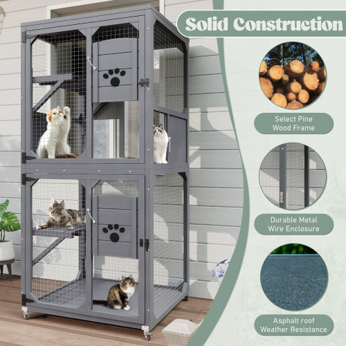 Catio Outdoor Cat Enclosure Window Access, 4 Tiers Cat House With Wheels, Resting Box & Waterproof Roof, Indoor Large Cat House Cage, Gray