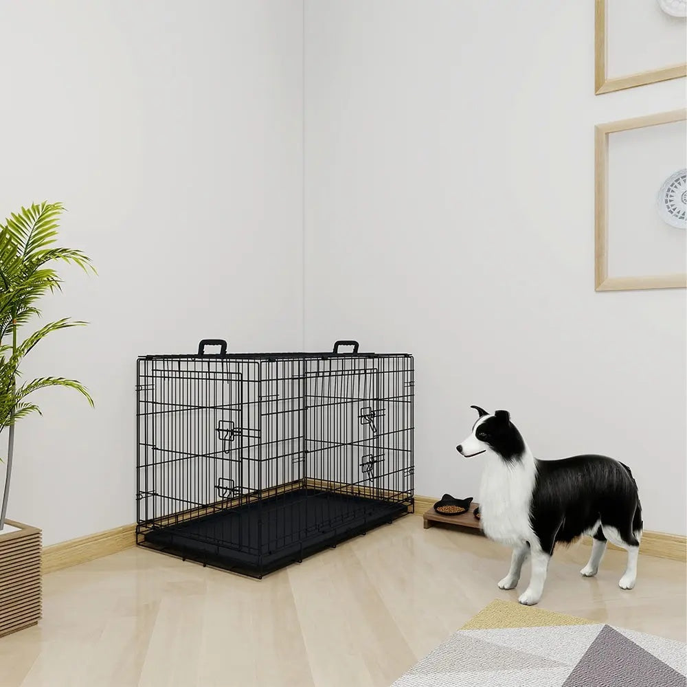 36 Inches Black Wire Dog Cage Double Lock Mechanism Two Doors Two Handles Double Bolt