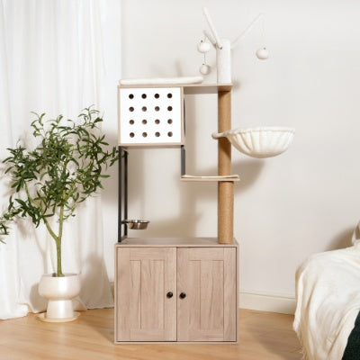 Cat Tree With Litter Box Enclosure - Modern Cat Condo With Scratching Posts, Feeding Bowl  Removable Pompom Sticks, Gray