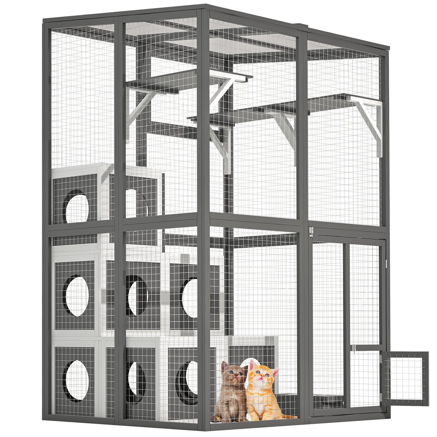 Outdoor Wooden Cat Catio - Large Solid Wood Cat Cage Playpen With 2 Jumping Platforms & 7 Napping Houses, Walk-in Cat Kennel Condo Shelter, Grey