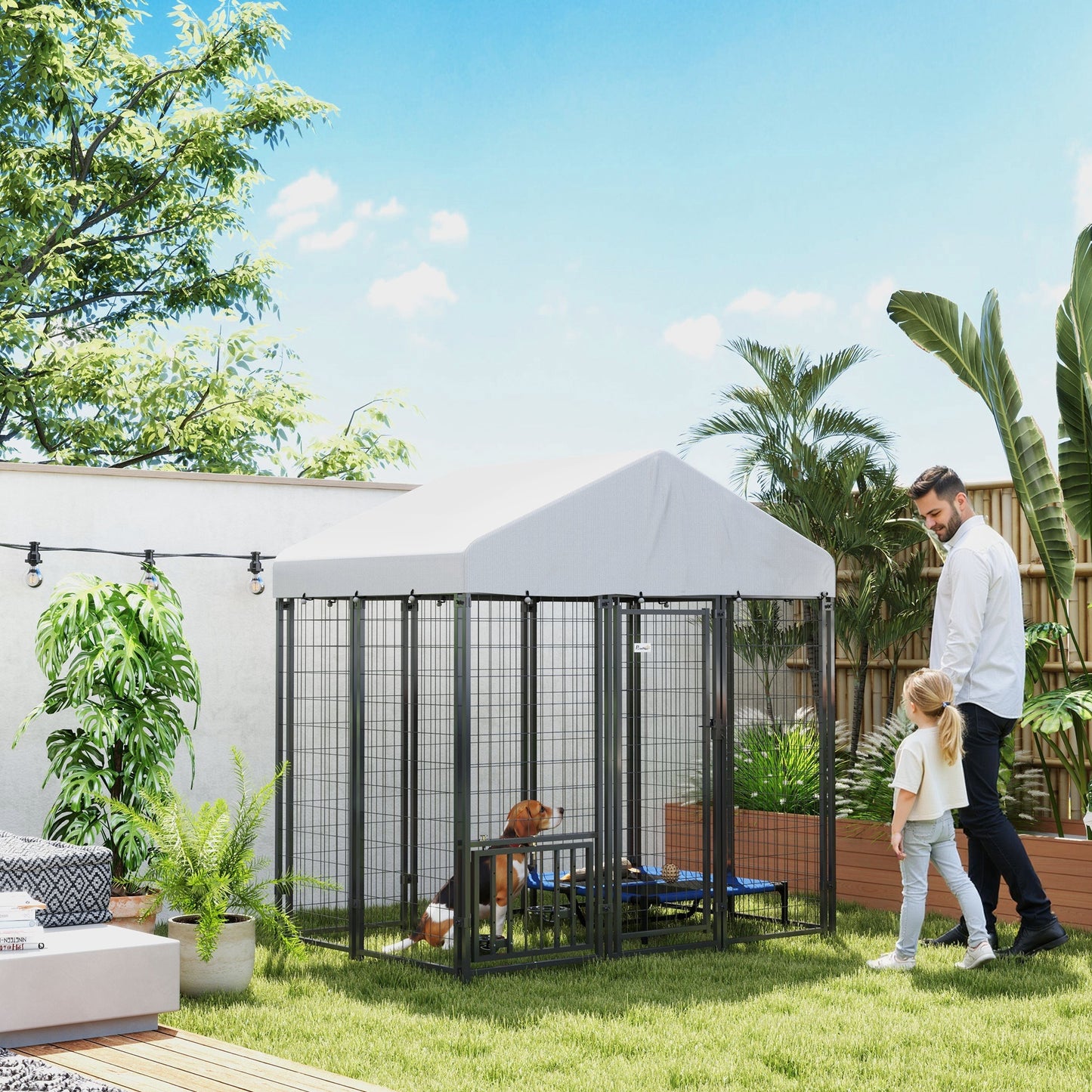 Outdoor Dog Kennel With Roof With Escape-proof Lock, UV-Resistant & Waterproof Cover, 5.9 X 4 X 6, Silver