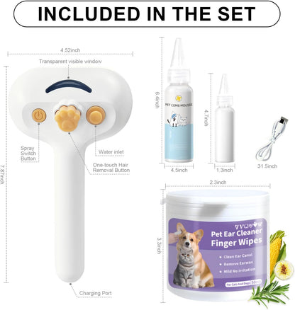 Universal Pet Steam Brush For Cats And Dogs 3-in-1 Spray Hair Removal Comb With Waterless Shampoo And Ear Towel