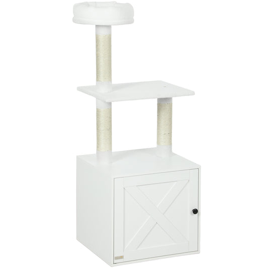Cat Tree With Litter Box Enclosure, Scratching Posts, Bed, Climbing Platforms For Indoor Cats, White