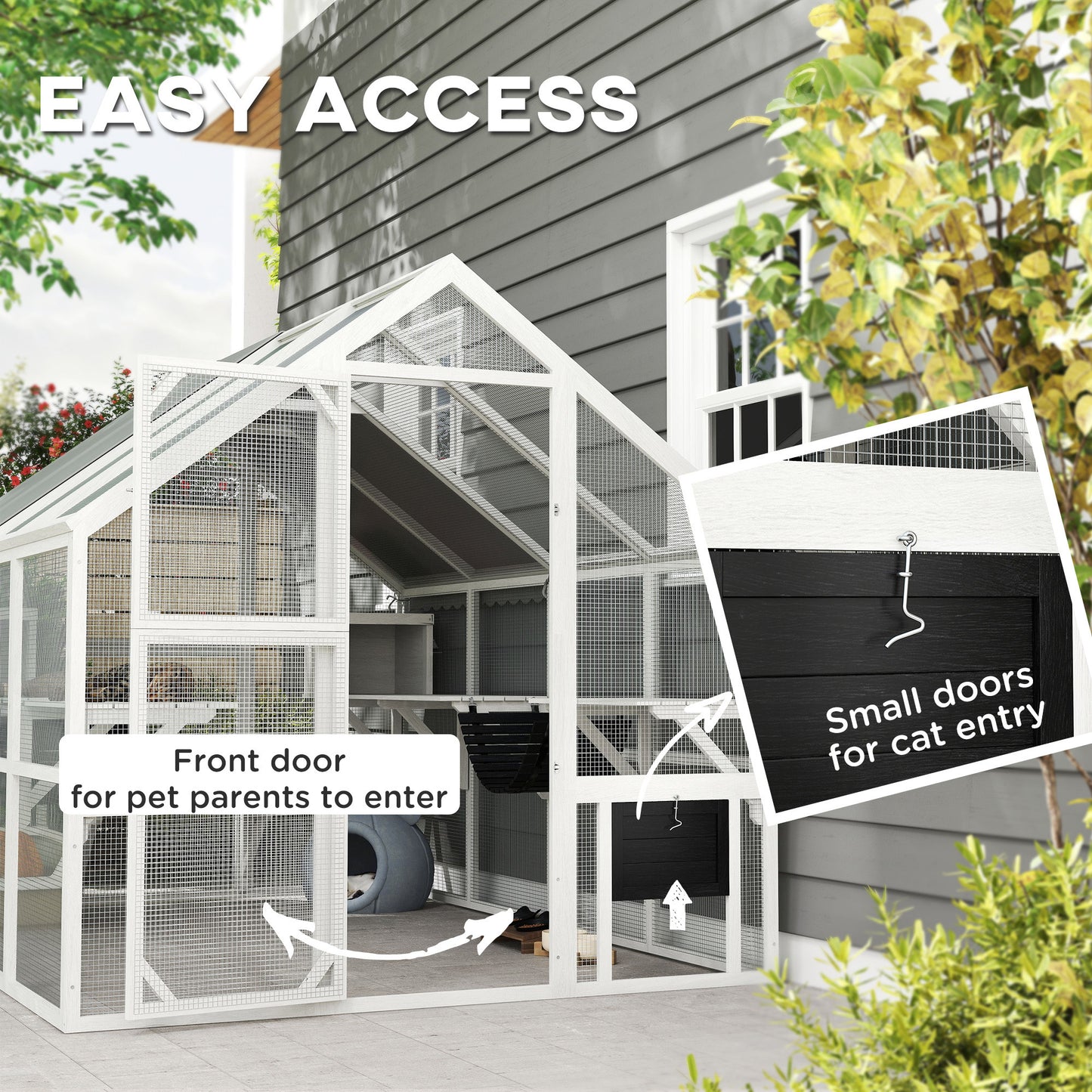 Wooden Catio Outdoor Cat Enclosure With Waterproof Cover, 2 Condos, 6 Platforms, Bridge, Doors, White