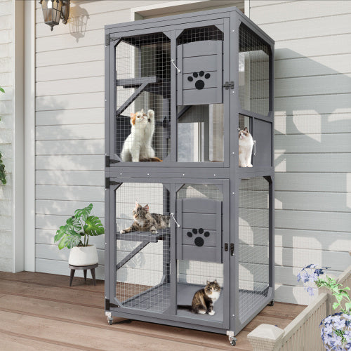 Catio Outdoor Cat Enclosure Window Access, 4 Tiers Cat House With Wheels, Resting Box & Waterproof Roof, Indoor Large Cat House Cage, Gray