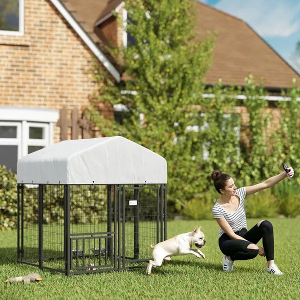 Welded Wire Outdoor Dog Kennel With Rotating & 4 Levels Adjustable Bowls