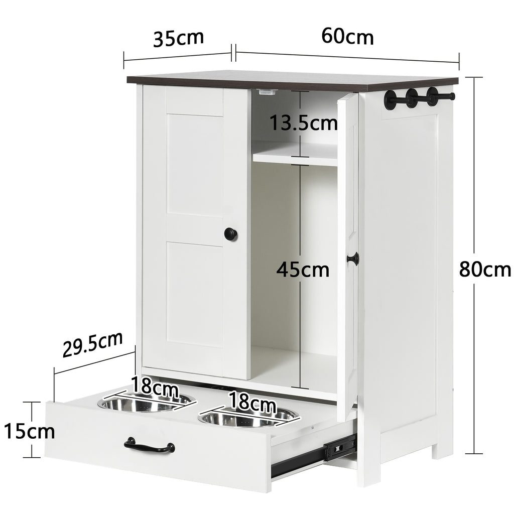 Dog Feeding Station, Dog Food Storage Cabinet With Hidden Dog Bowls, Adjustable Panel, Hooks, For Medium Sized Dogs, White