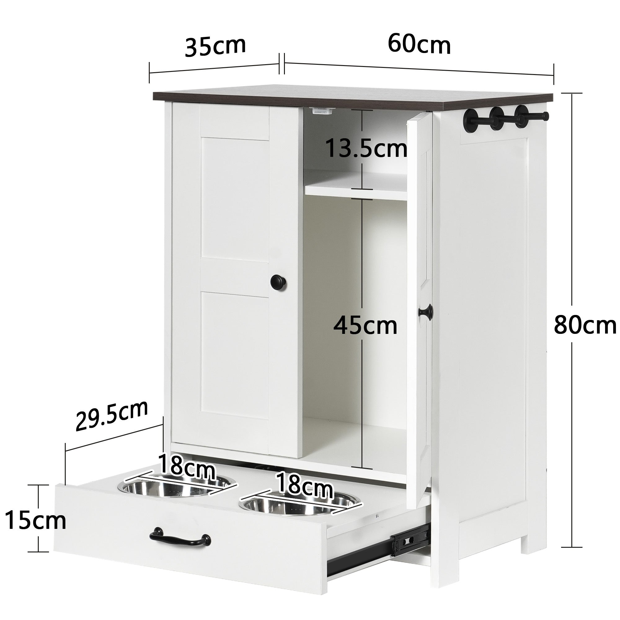 Dog Feeding Station, Dog Food Storage Cabinet With Hidden Dog Bowls, Adjustable Panel, Hooks, For Medium Sized Dogs, White