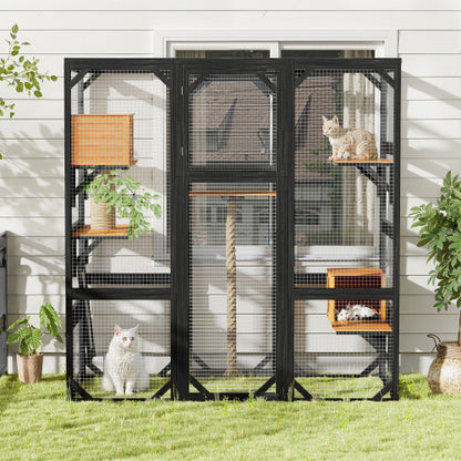 Outdoor Cat House Cat Enclosure, Cat Catio With Double Enter Doors  62.8 L X 32.2 W X68.5 H Balcony Cat Playpen With Platforms And Two Condos For 1-3 Cats  Light Grey