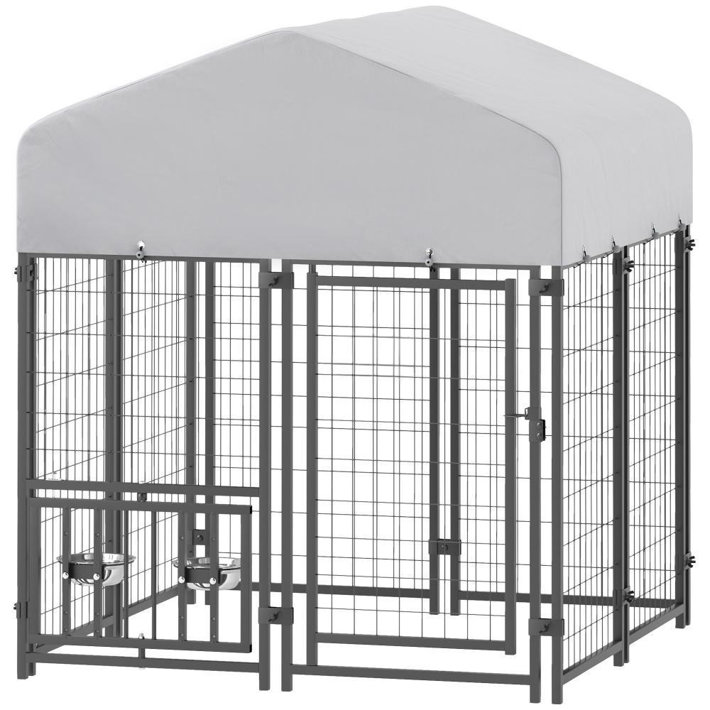 Welded Wire Outdoor Dog Kennel With 360 Rotating & 4 Levels Adjustable Bowls, Waterproof Cover, 3.9 X 3.9 X 4.5