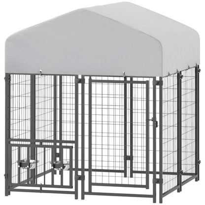 Welded Wire Outdoor Dog Kennel With 360 Rotating & 4 Levels Adjustable Bowls, Waterproof Cover, 3.9 X 3.9 X 4.5