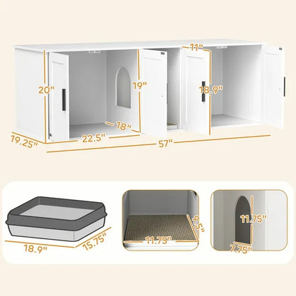 Cat Litter Box Enclosure With Double Room, Scratching Mat For 2 Cats