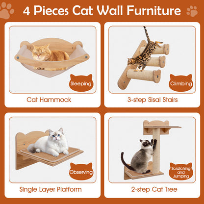 Cat Wall Furniture Set Of 4 With Hammock 2-step Cat Tree And Perch
