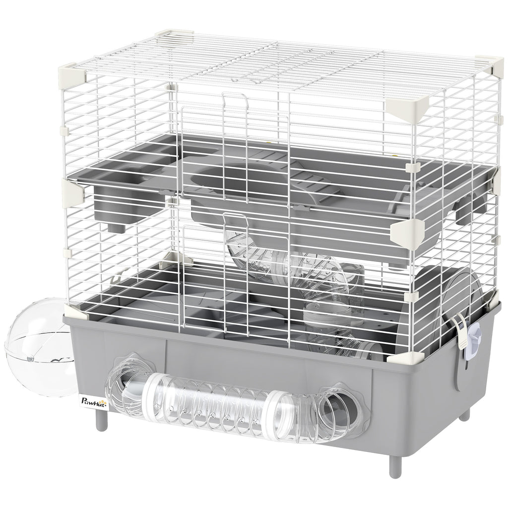 2-Tier Hamster Cage With Sand Bathroom, Running Wheel, Water Bottle, Tubes, Accessories, For Hamster, Gray