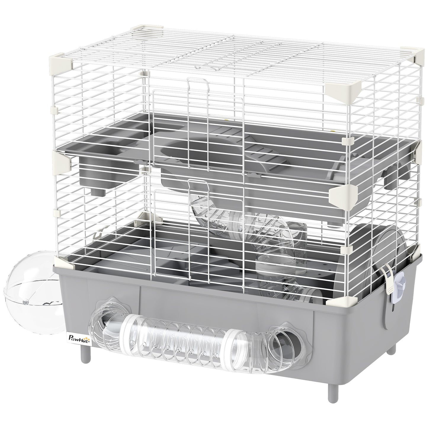 2-Tier Hamster Cage With Sand Bathroom, Running Wheel, Water Bottle, Tubes, Accessories, For Hamster, Gray