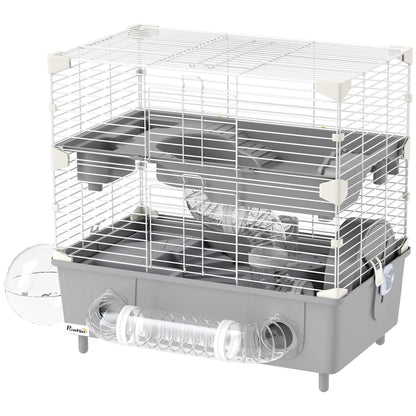 2-Tier Hamster Cage With Sand Bathroom, Running Wheel, Water Bottle, Tubes, Accessories, For Hamster, Gray