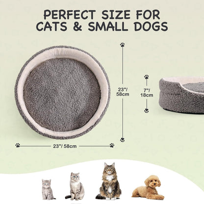 Washable Pet Bed For Small Dogs & Cats - 23x23x7 Inch Orthopedic Dog Bed With Non-Slip Bottom, Plush Round Bed For Puppies & Indoor Kittens, Grey
