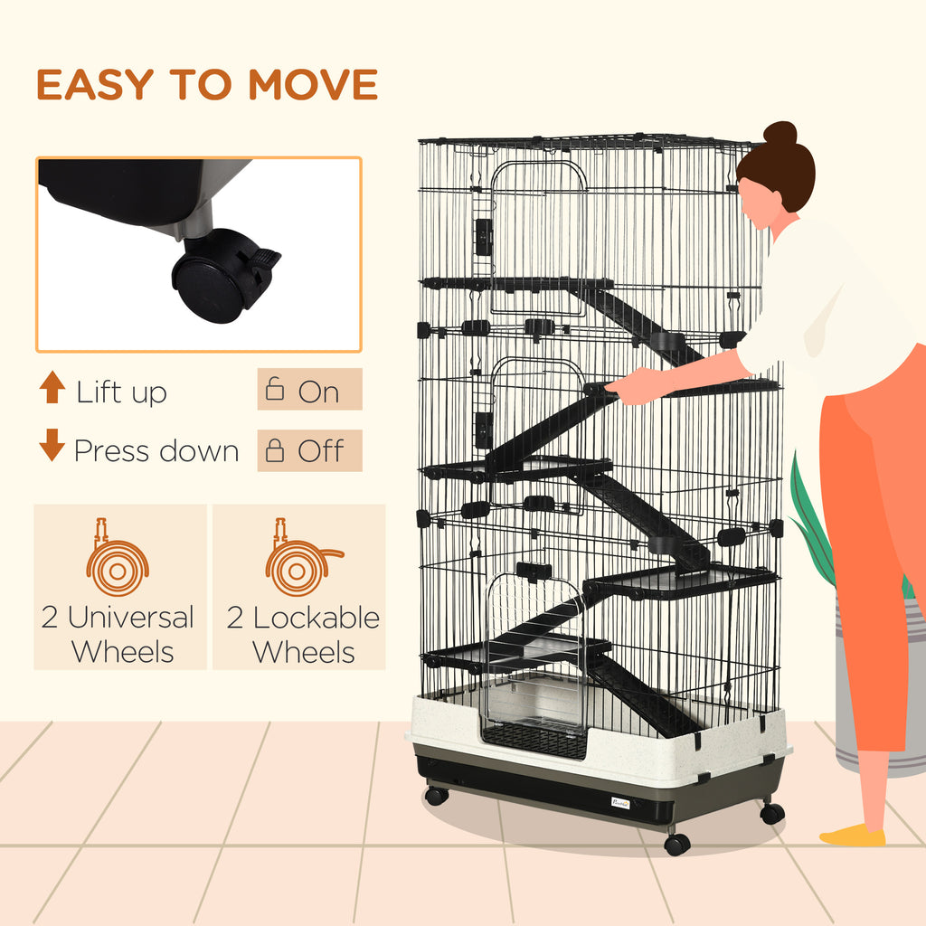 32L 6-Level Small Animal Cage Rabbit Hutch With Wheels Slide-out Tray Black For Bunny Chinchillas Ferret