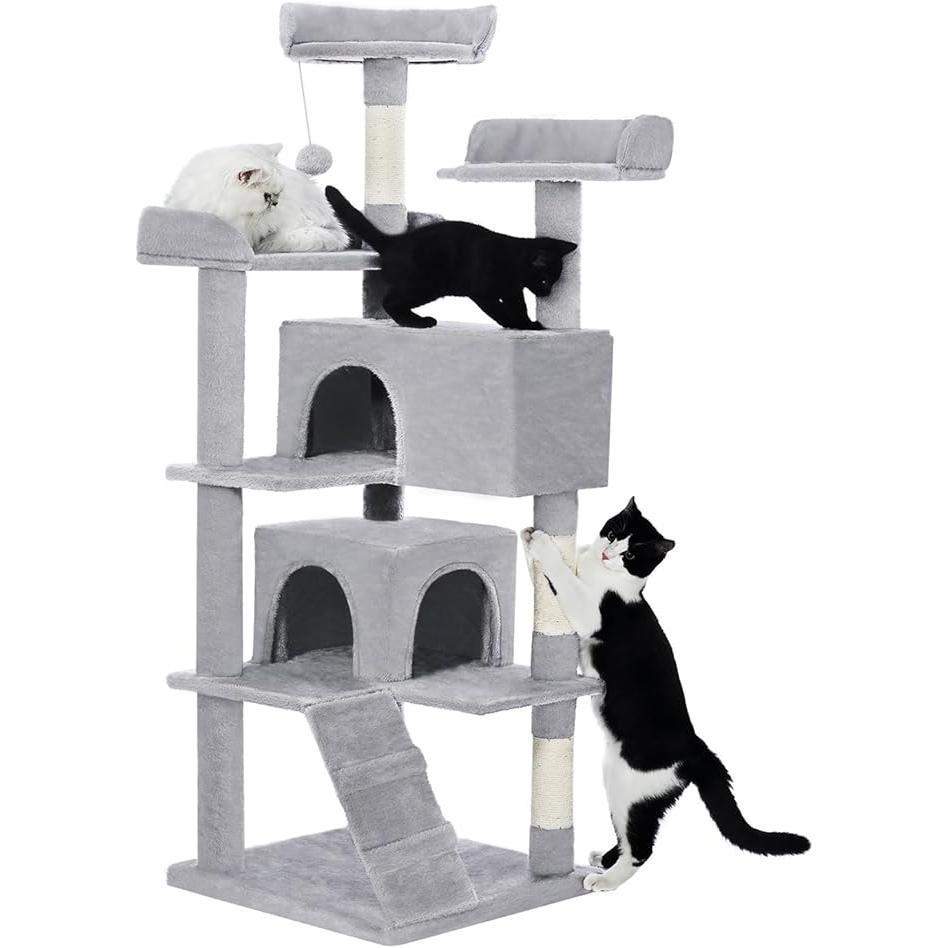 Made for Pets 56-inch Pet Cat Tree For Indoor Cats Multi-Level Cat Tree With 2 Apartments Cat Activity Center With Scratching Posts And Toys Light Gray
