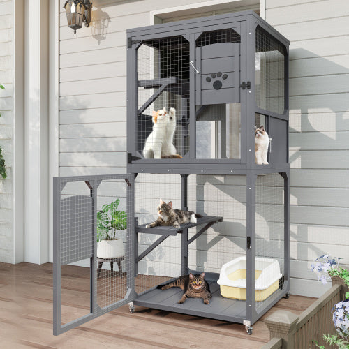 Catio Outdoor Cat Enclosure Window Access, 4 Tiers Cat House With Wheels, Resting Box & Waterproof Roof, Indoor Large Cat House Cage, Gray