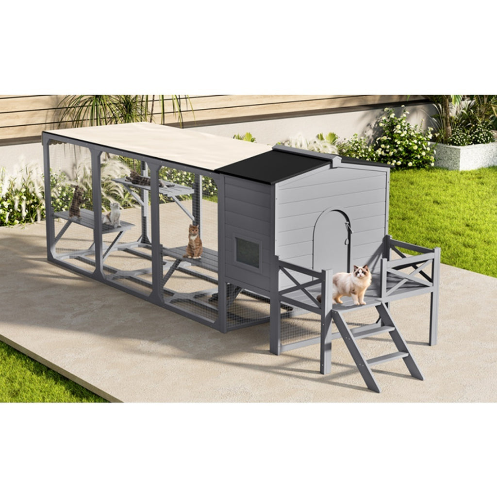 Catio Cat House Outdoor Large Cat Enclosure, Wooden Cat Cage For Multiple Cats With Jumping Platforms And Cat Swing, Removable Waterproof Cover, UV Resistant, 2 Combination, Gray