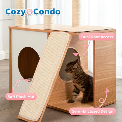 Indoor Wooden Cat Climbing Frame Cat Tower Cat House With Cat Scratching Board Ramp Suitable For Large Cats And Kittens