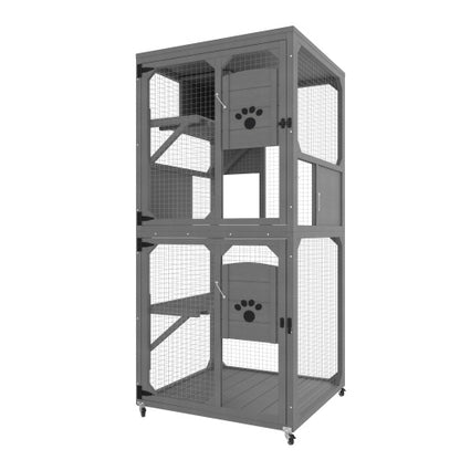 Catio Outdoor Cat Enclosure Window Access, 4 Tiers Cat House With Wheels, Resting Box & Waterproof Roof, Indoor Large Cat House Cage, Gray