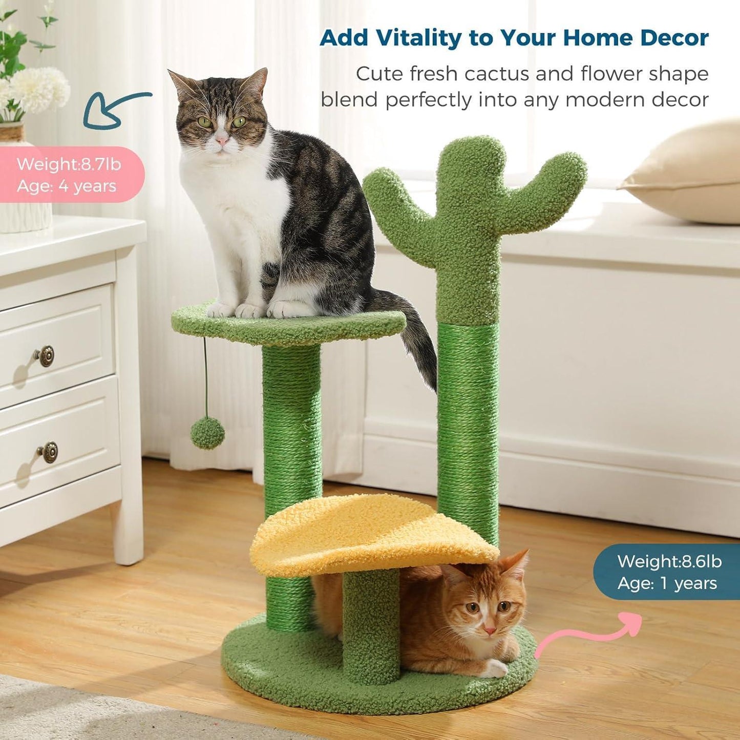 26 Inch Cactus Cat Tree With Bird's Eye View Flower Perch, Soft Cactus Top And Hanging Ball, Compact Vertical Structure For Indoor Cats