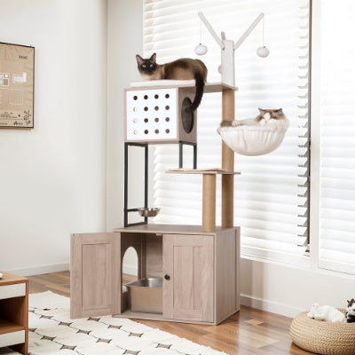 Cat Tree With Litter Box Enclosure - Modern Cat Condo With Scratching Posts, Feeding Bowl  Removable Pompom Sticks, Gray