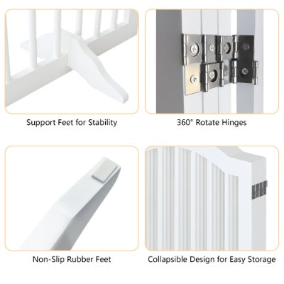 27.6 Height Tall Freestanding Pet Gate, 4 Panels Foldable Dog Gate, Solid Wood Folding Safety Fence Wooden Dog Gate With 2 Pcs Support Feet Ideal For Stairs, Doorways, Halls, Kitchens, Heavy Duty Gat