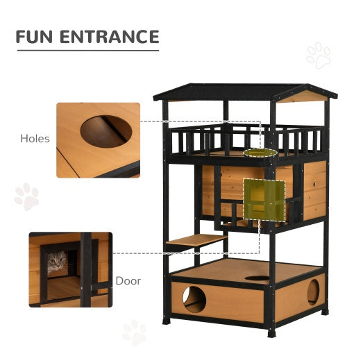 Handmade Wooden Outdoor Cat House, Wild Cat Shelter Kitten Tree