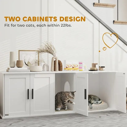 Cat Litter Box Enclosure With Double Room, Scratching Mat For 2 Cats