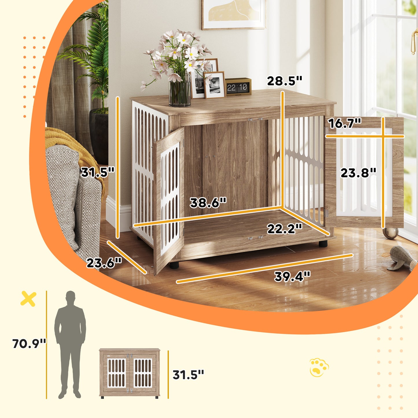 39 Dog Crate Furniture With 2 Doors, Adjustable Non-slip Foot Mats, For Large Dogs, Walnut Brown
