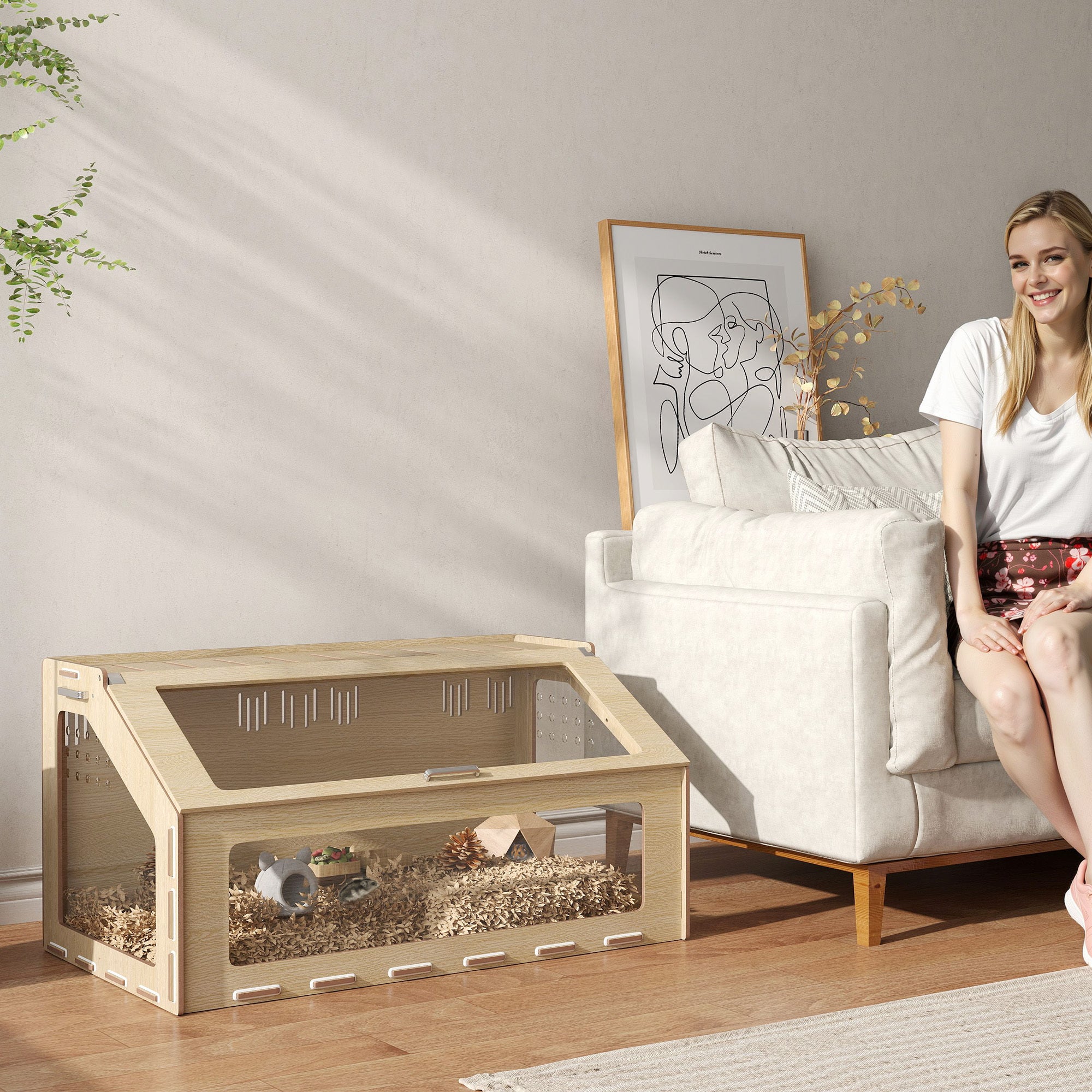 39 Inch Hamster Cage Habitat With Acrylic Window & Openable Top For Hamster, Gerbil, Guinea Pig, Rat, Oak