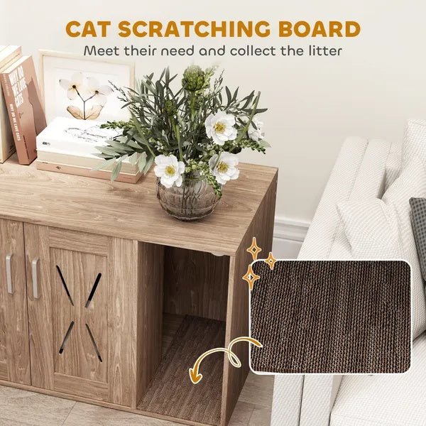 Cat Litter Box Enclosure With Scratching Board, Cat Washroom End Side Table, 31.5 X 19 X 20 Inch, Walnut Brown
