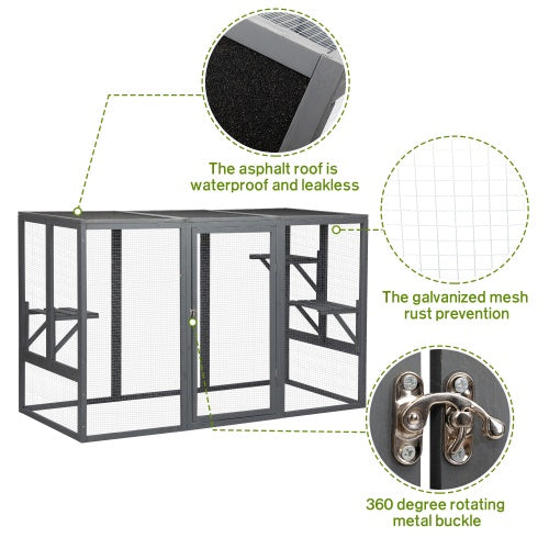 Spacious Wooden Cat Cage With Waterproof Roof For Adjustable Pedals - Gray-black