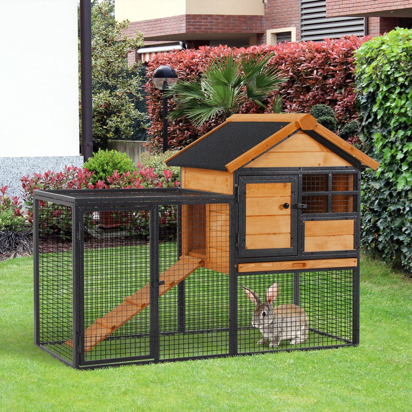 2-Level Rabbit Hutch Bunny Cage, Elevated Pet House With Weatherproof Hinged Asphalt Roof, Removable Tray & Ramp For Outdoor, Natural
