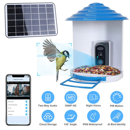 Smart Bird Feeder With Solar Powered Camera 1080P HD AI Identify PIR Motion Auto Capture Video Cloud Card Storage WiFi Connection App Control IP65 Waterproof