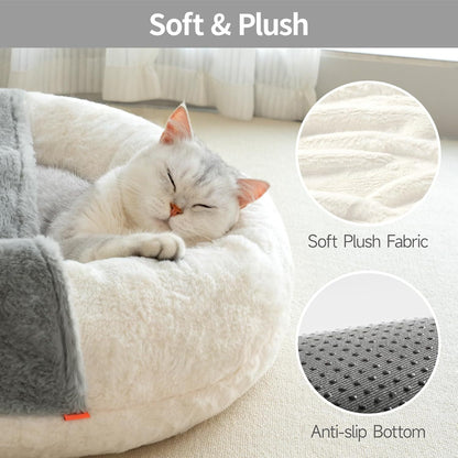 Cat Bed Cave - Washable Pet Bed With Blanket & Non-Slip Base For Cats & Small Dogs 22'' X 22'', White